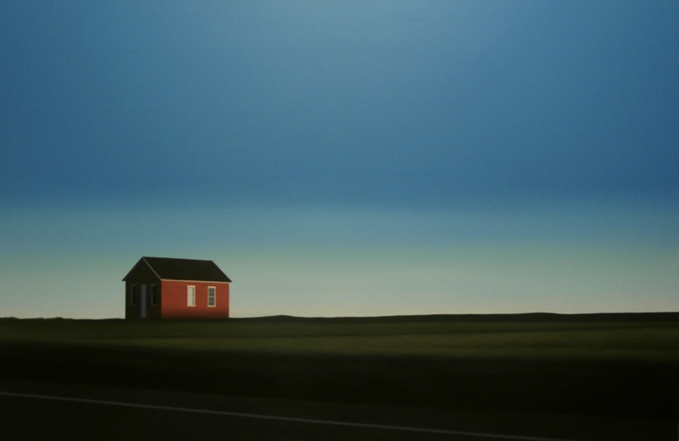A painting of a little red house in a green, slightly hilly field at the edge of a road, painted at a slight angle. The sky is a dark blue, suggesting encroaching evening.