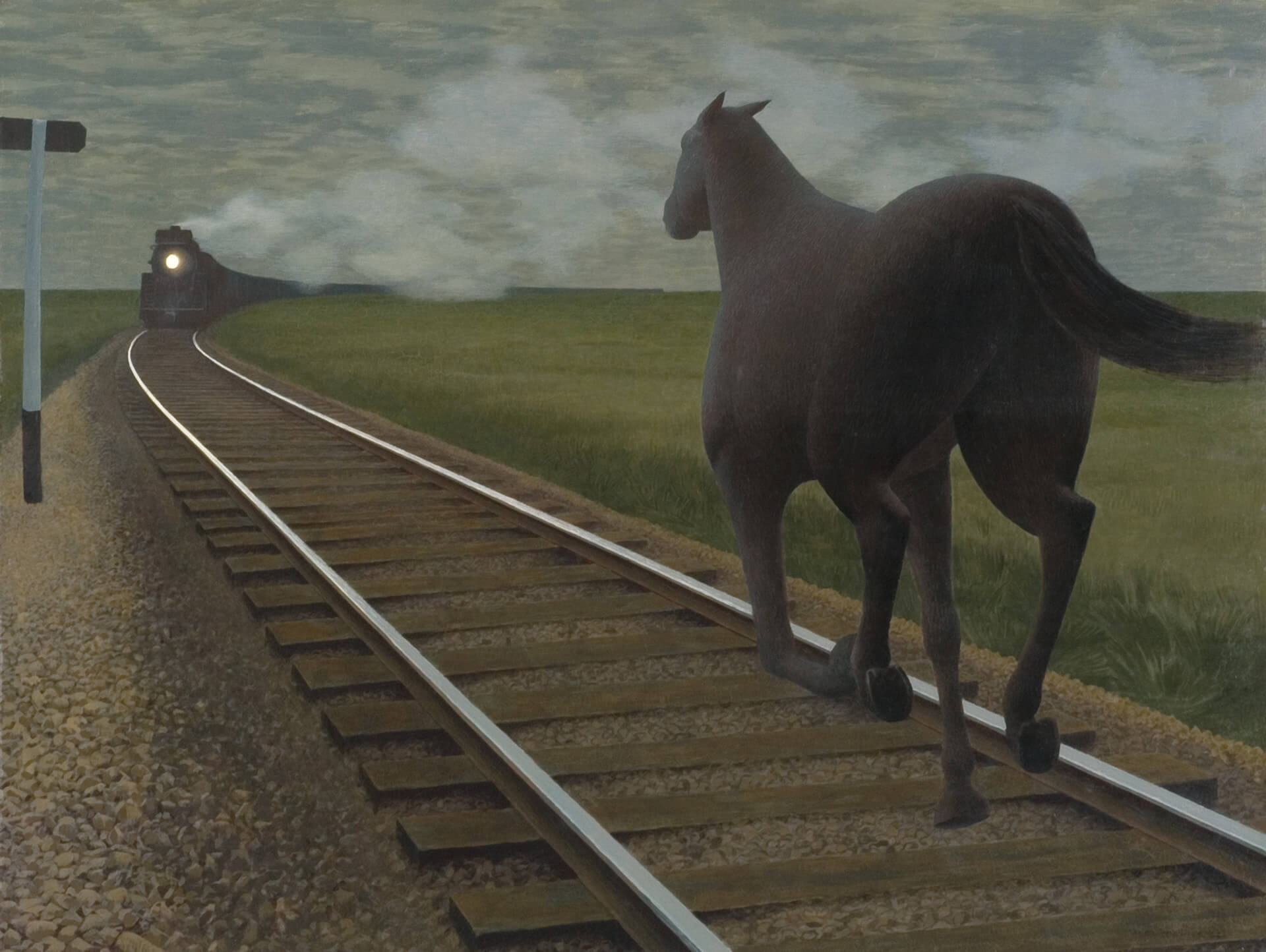 The 1954 painting Horse and Train by Alex Colville. It depicts a dark, featureless horse running on train tracks, in the direction of a black train barreling towards it. The sky is gray. The landscape appears to be a flat grassland.